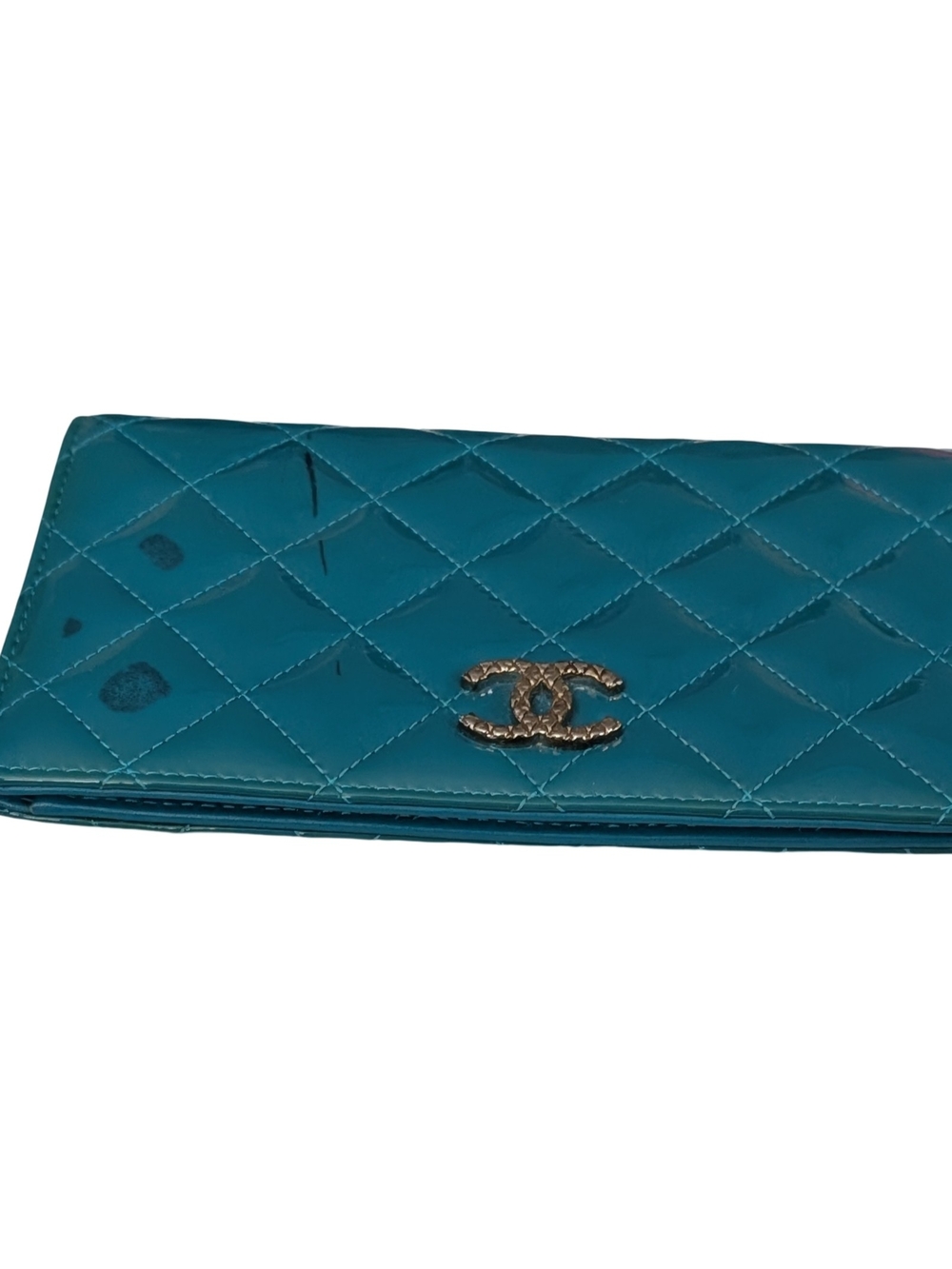 CHANEL Teal Quilted Patent Leather Clutch Silver CC Long Wallet Purse - Picture 7 of 15